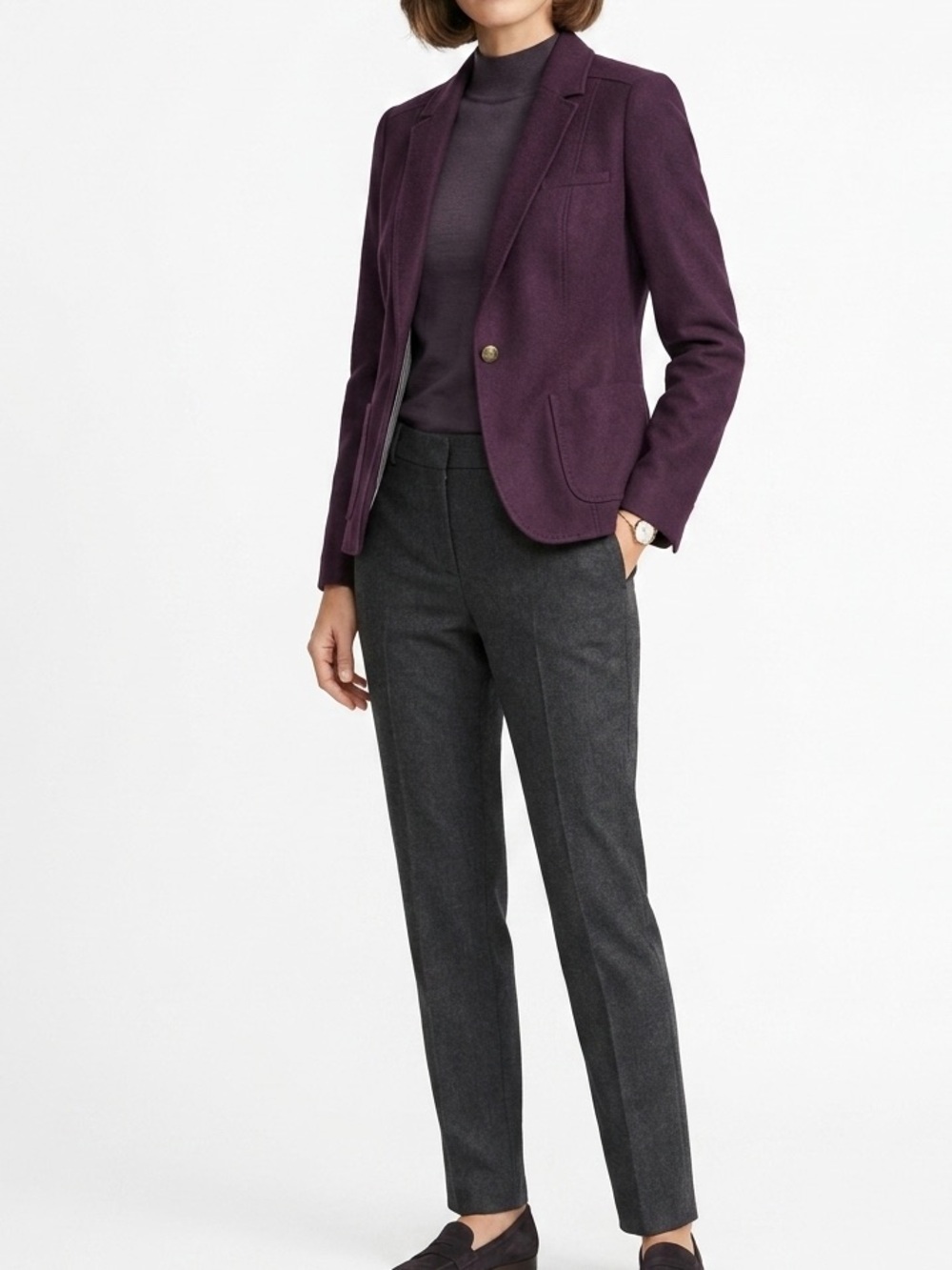 Flannel One-Button Blazer with Notched Lapels in Aubergine - sz 4